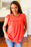 Red-Orange Mock Neck Flutter Sleeve Top