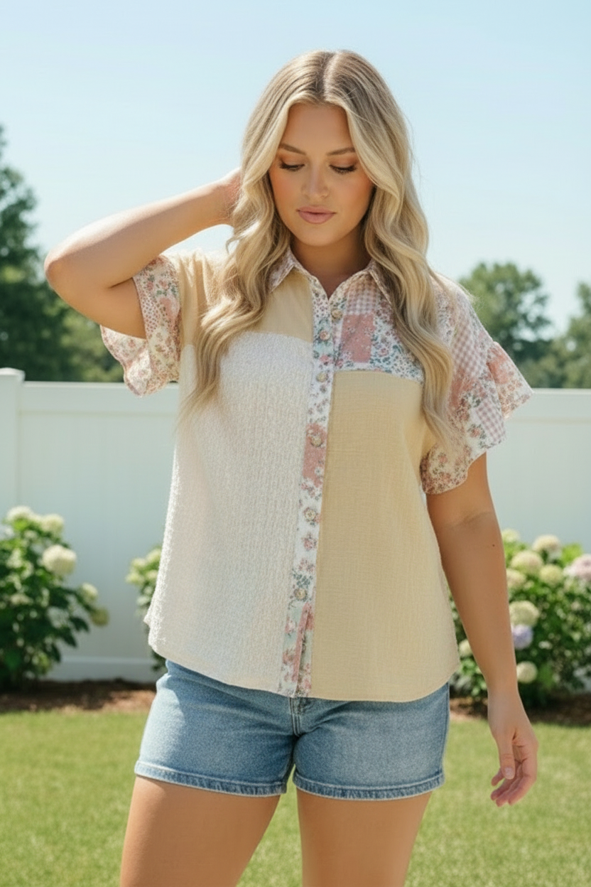Pretty Patchwork Floral Button Down Top