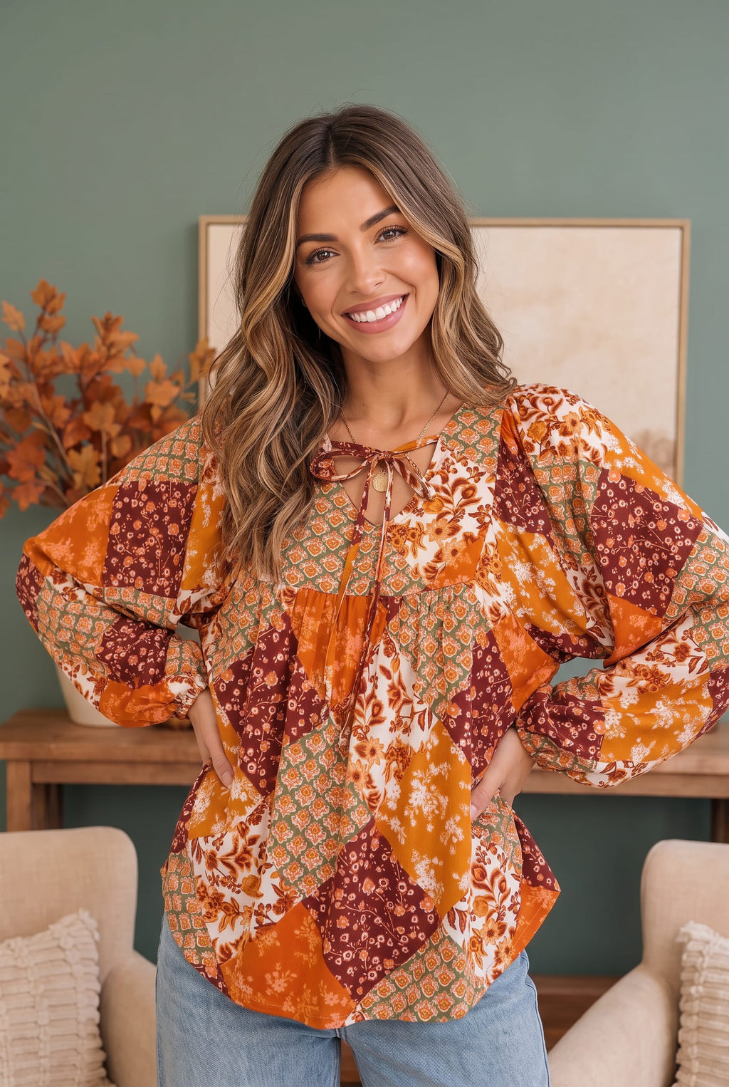 Autumn Patchwork Boho Blouse in Rust
