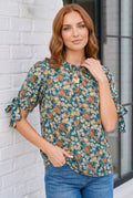 Teal Floral Tie Sleeve Blouse