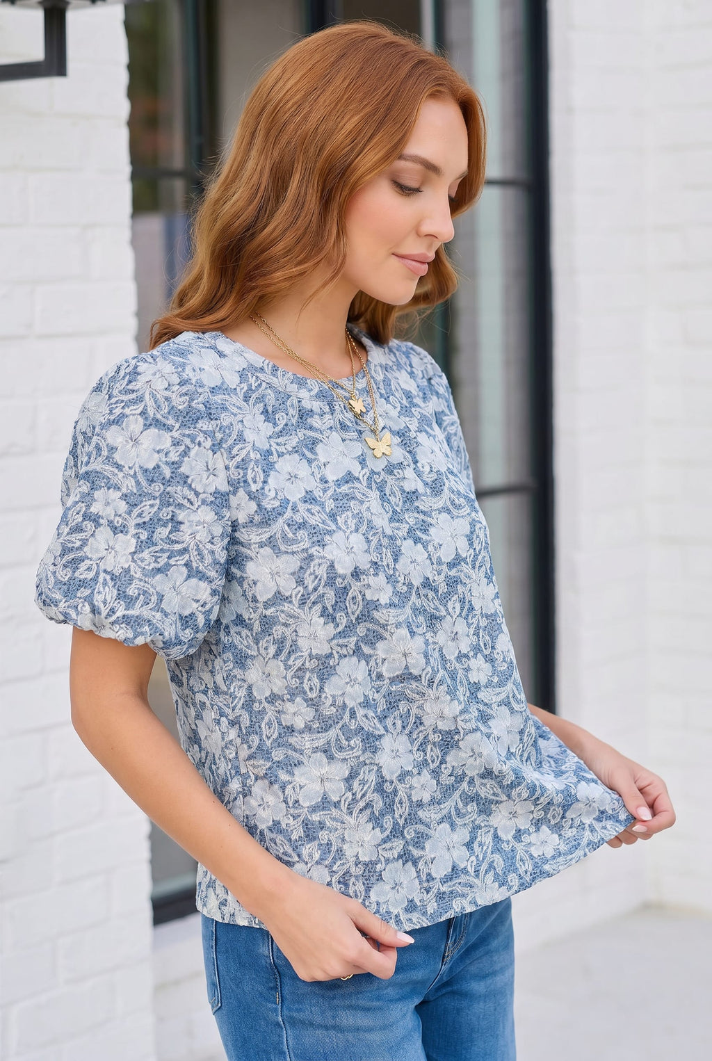 Something Blue Lace Textured Puff Sleeve Top