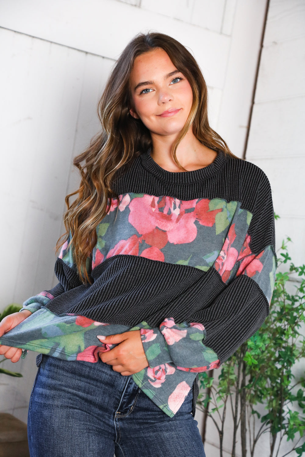 Cottage Roses Charcoal Color Block Long Sleeve