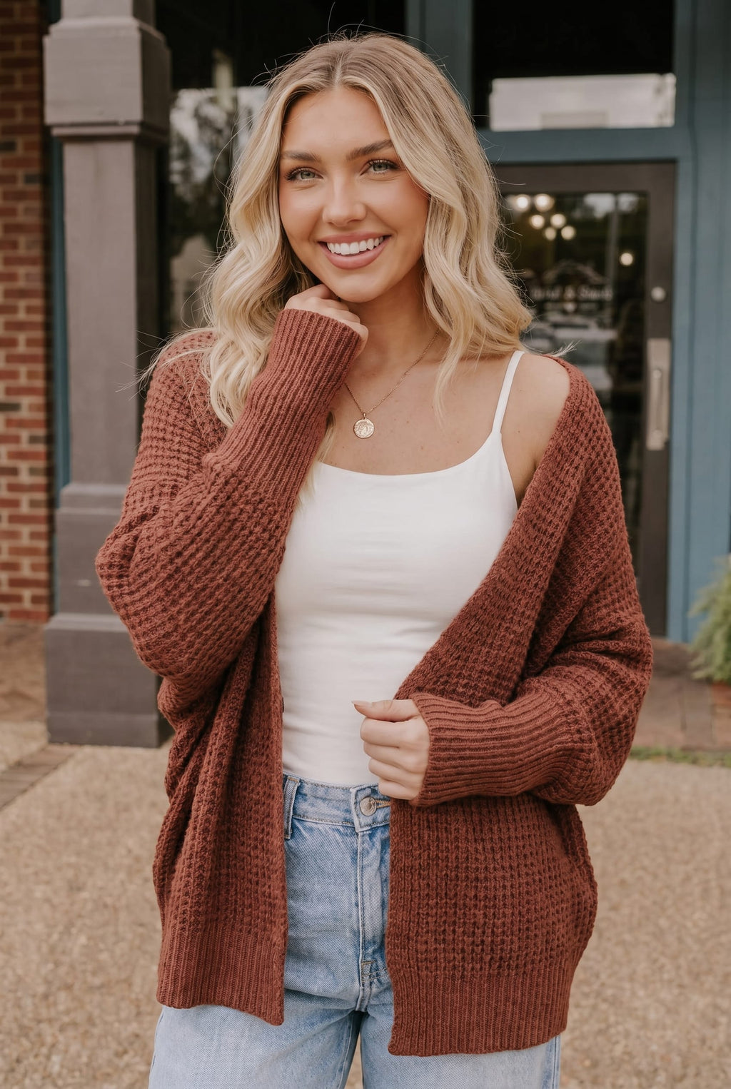 Cozy Button Front Waffle Knit Cardigan in Rust