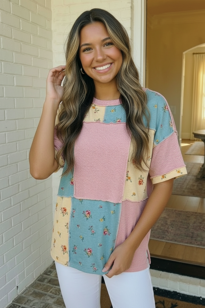 Patchwork Floral Waffle Knit Top