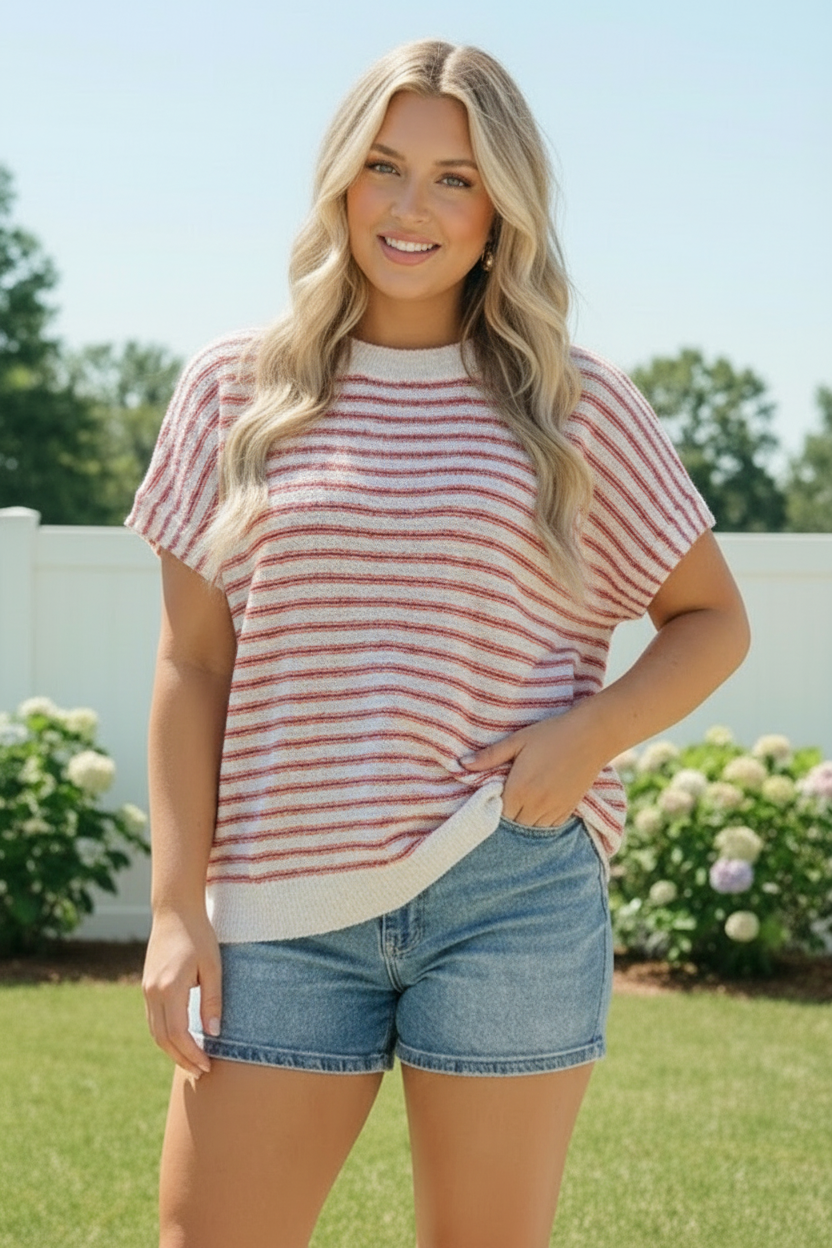 Breezy Stripe Knit Top in Ivory and Red