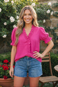 Ruffle Front Button Top in Hot Pink