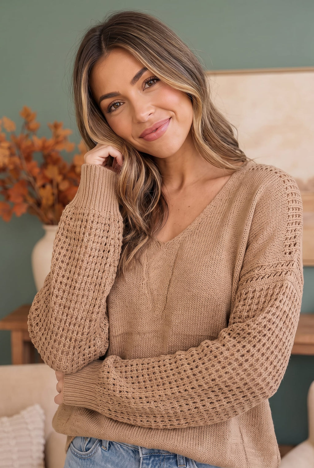 Cozy Caramel V-Neck Sweater with Crochet Sleeves