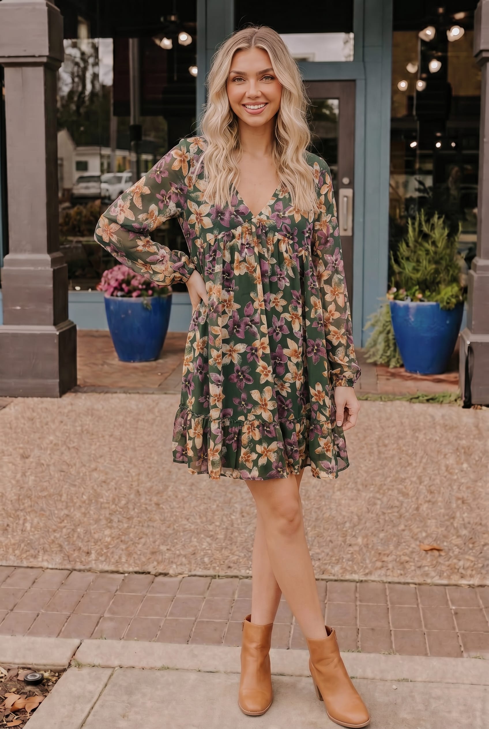 Forest Blooms Long Sleeve Mini Dress
