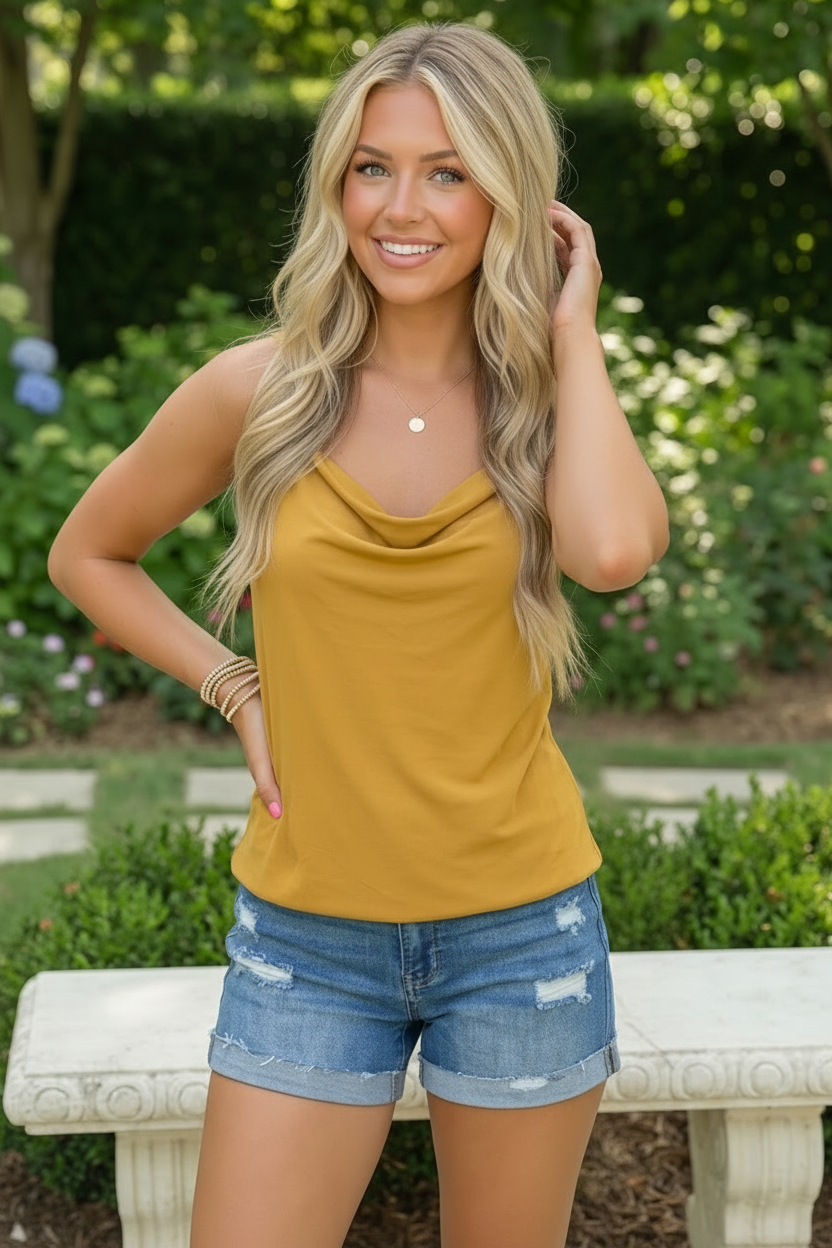 Sunkissed Satin Cowl Neck Cami in Mustard
