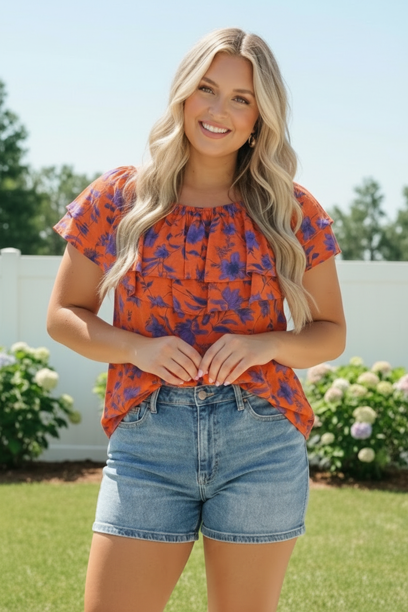 Rust Bloom Ruffle Top