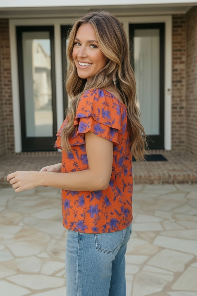 Rust Bloom Ruffle Top