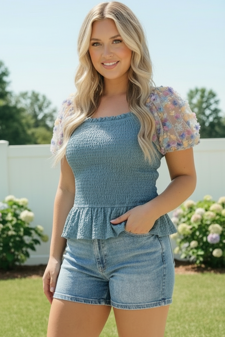 Smocked Peplum Top with Floral Puff Sleeves