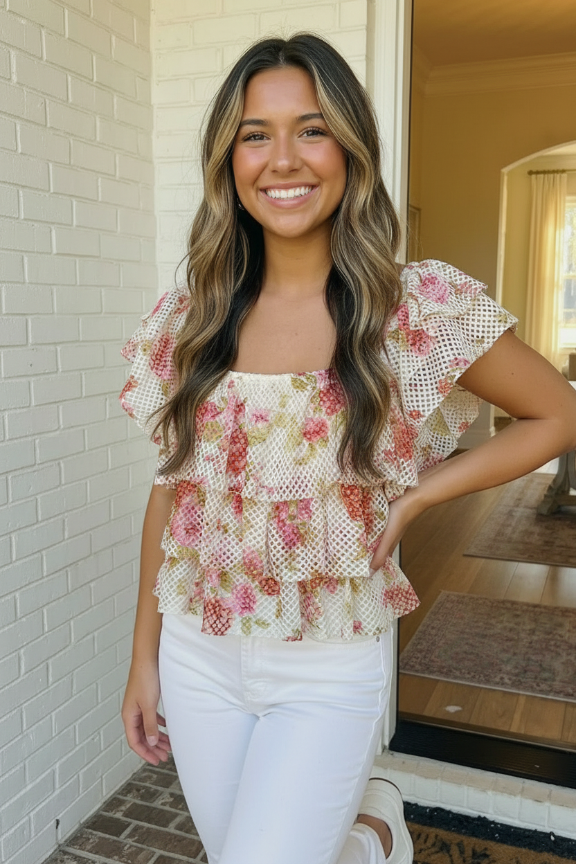 Ready with Ruffles Floral Mesh Top