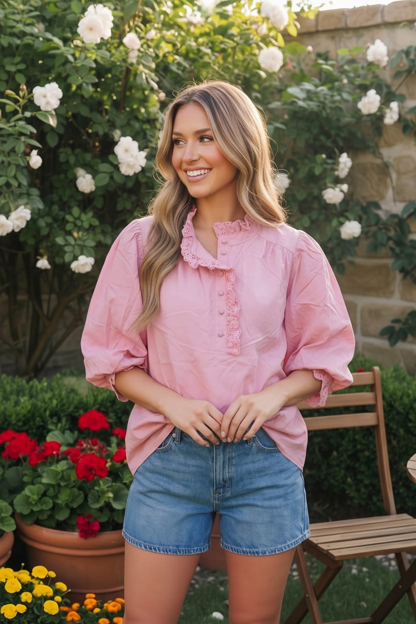 Pretty in Pink Puff Sleeve Button Top