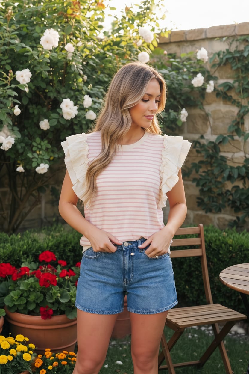 Sweet Stripe Ruffle Sleeve Top