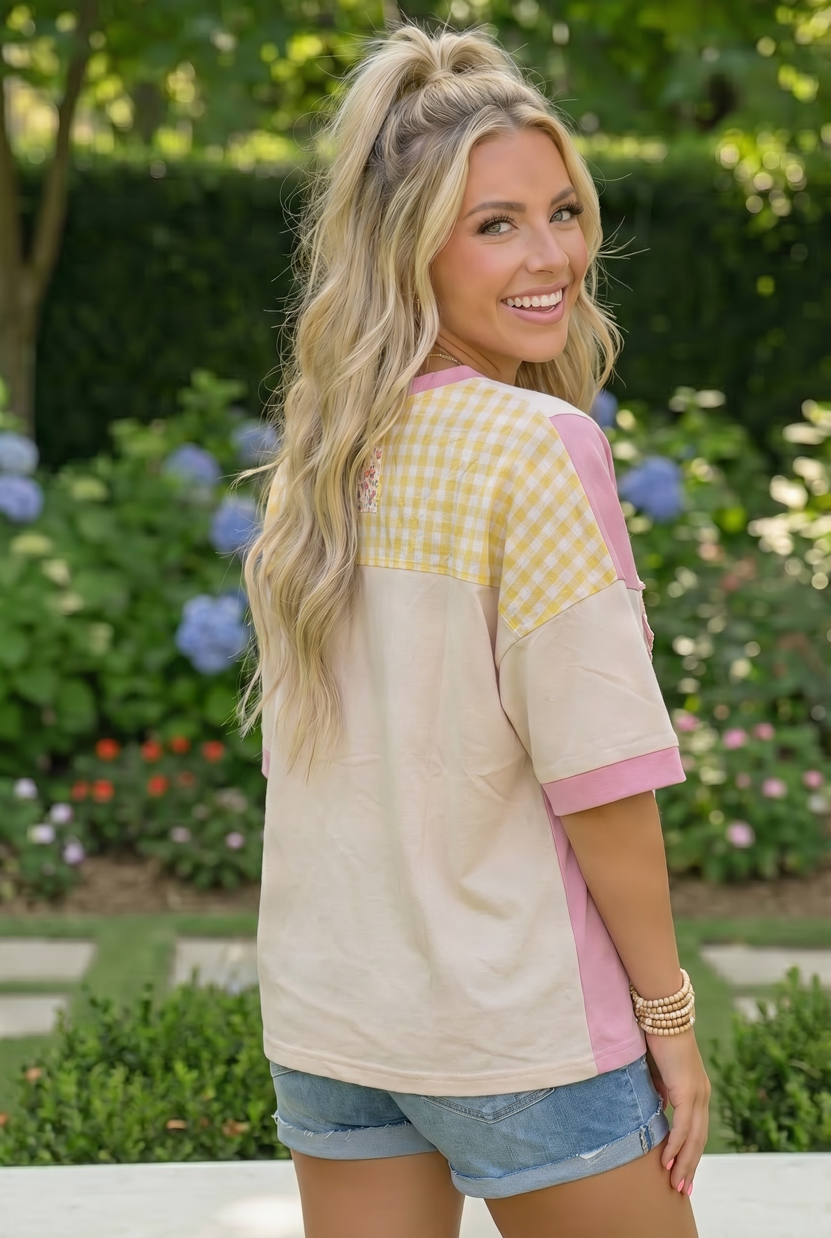 Patchwork Flower Oversized Tee in Pink and Yellow