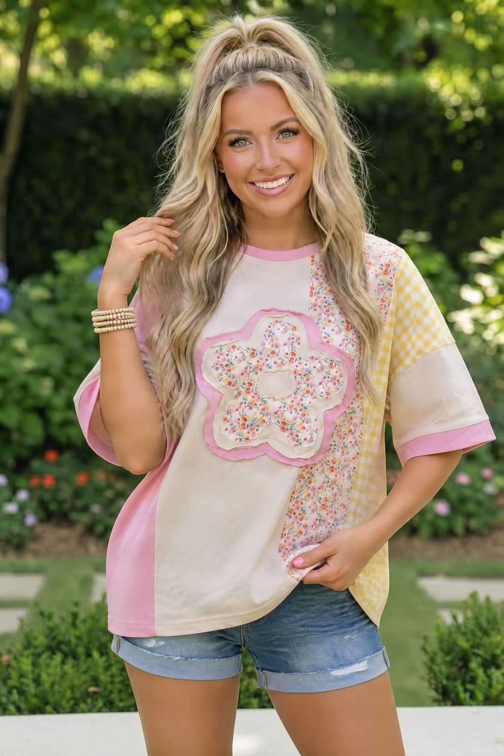 Patchwork Flower Oversized Tee in Pink and Yellow