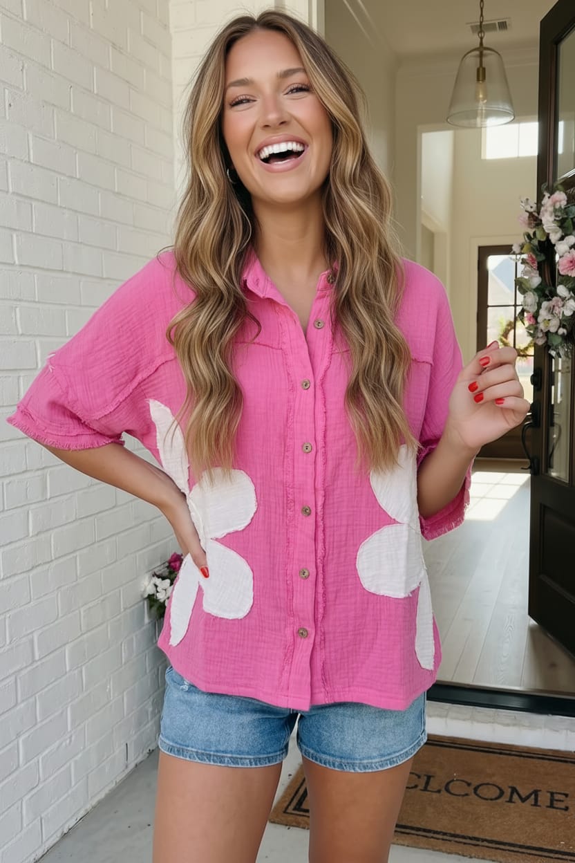 Big Bloom Button Down in Hot Pink