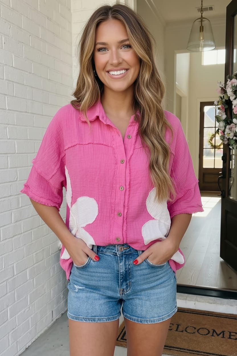 Big Bloom Button Down in Hot Pink