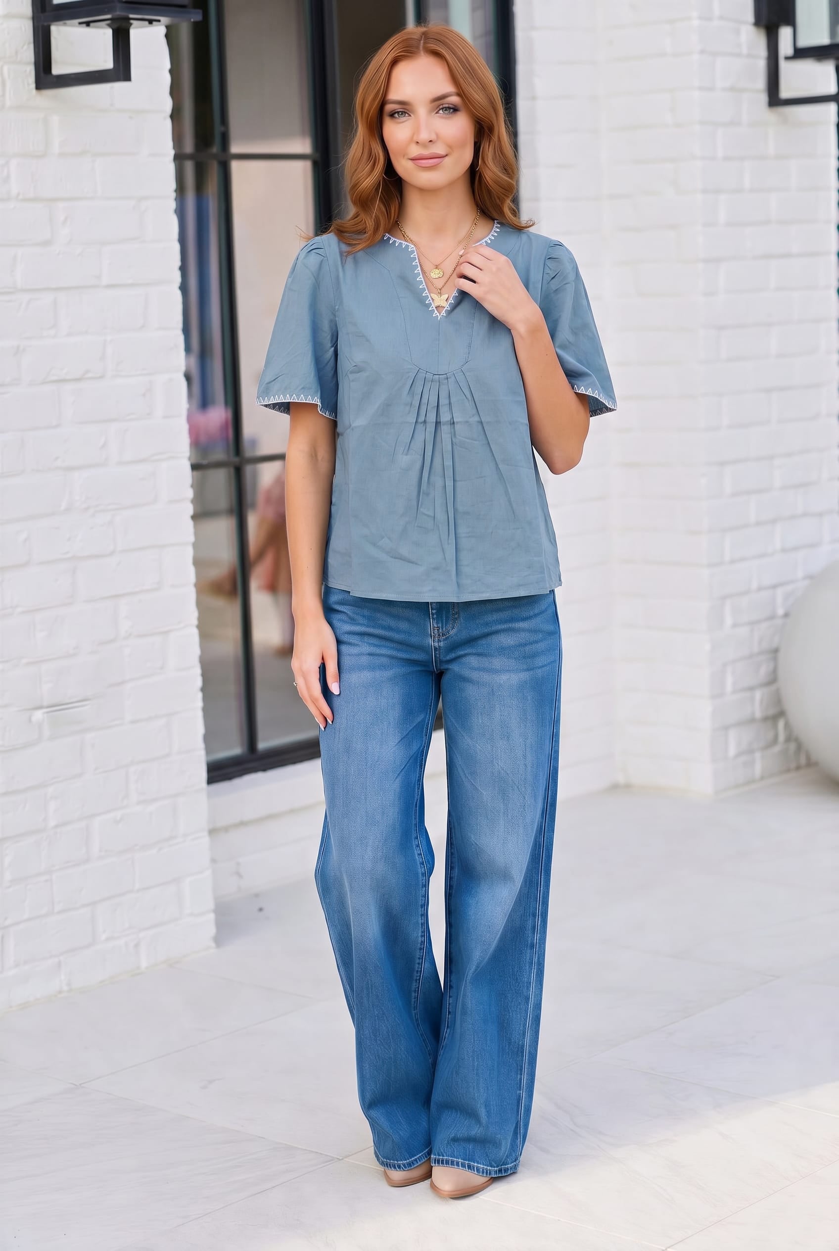 Dusty Blue Dreams Embroidered V-Neck Top