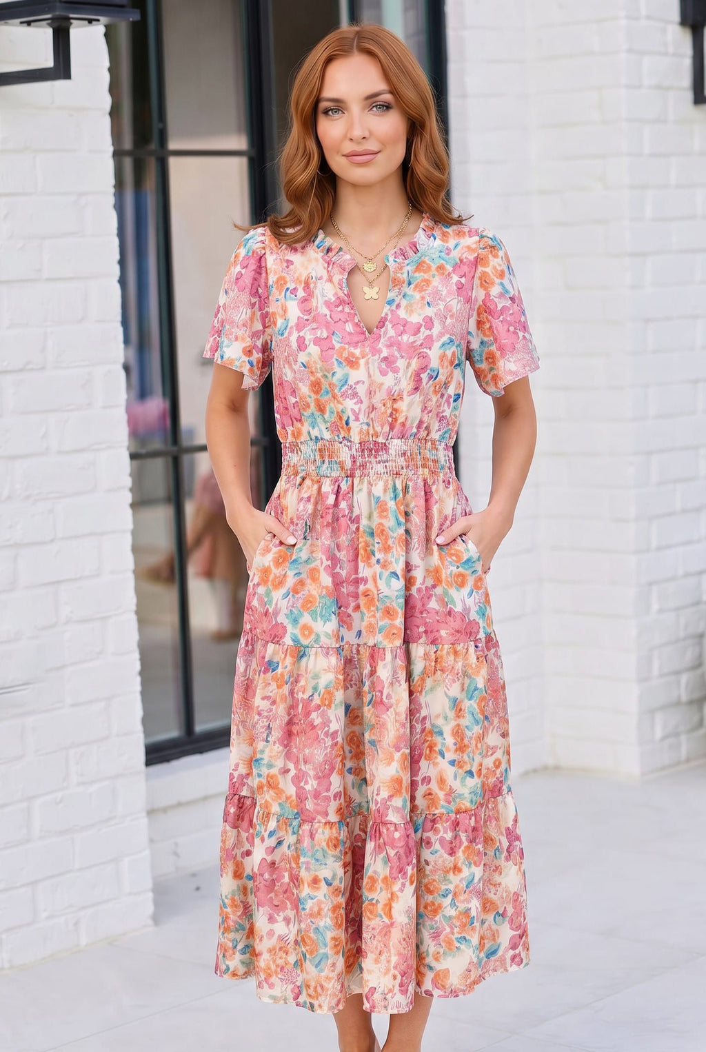 Paint and Sip Floral Tiered Midi Dress
