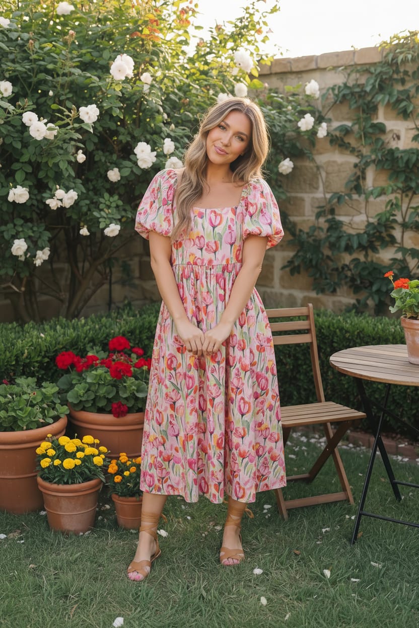 Bouquet of Tulips Pocketed Midi Dress