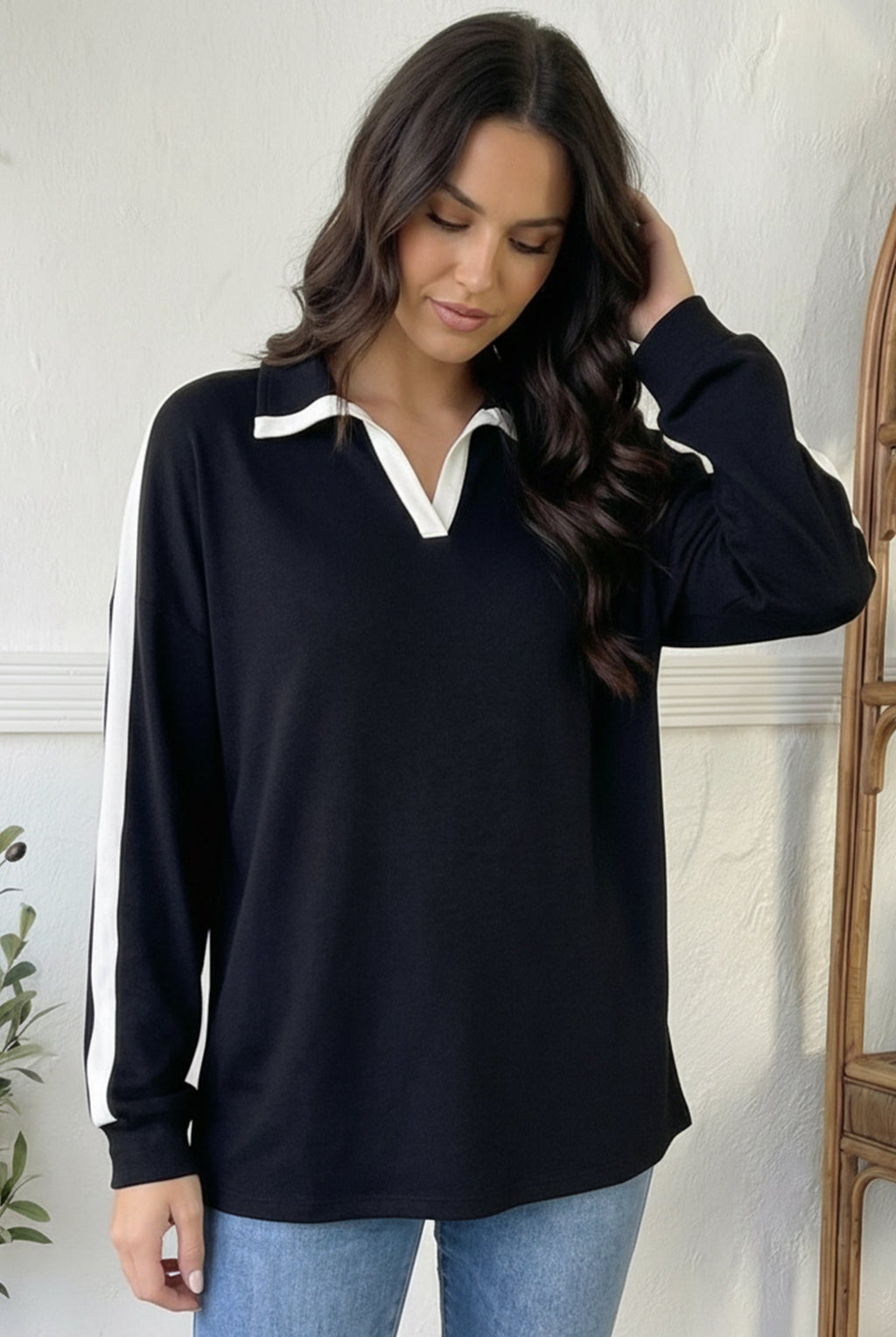 Varsity Vibes Notched Collar Black Top