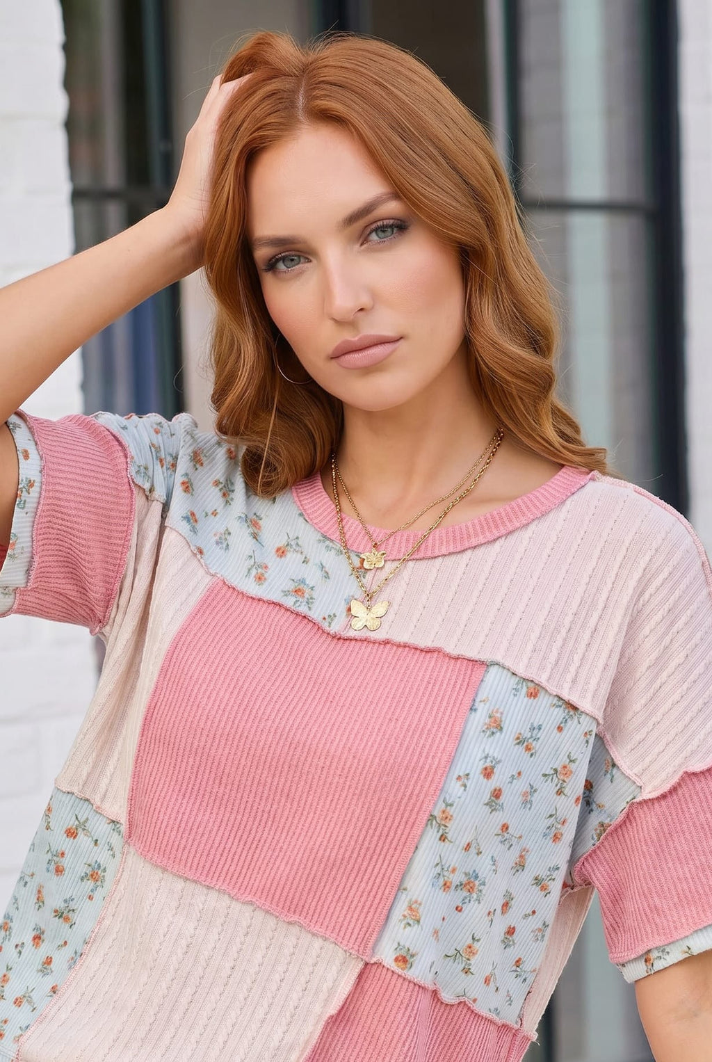 Patchwork Floral Ruffle Top in Pink and Blue