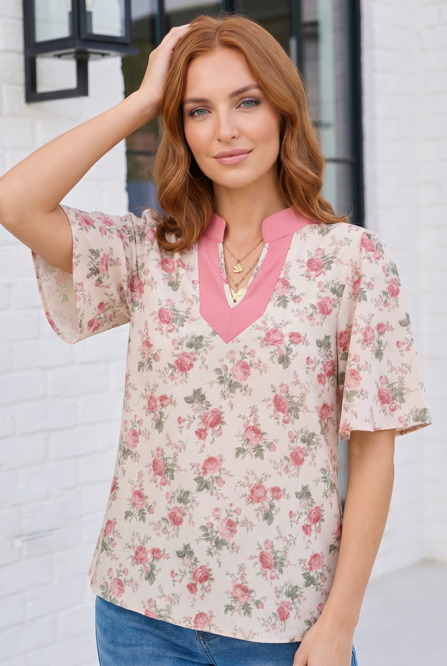 Rosy Garden Flutter Sleeve Blouse