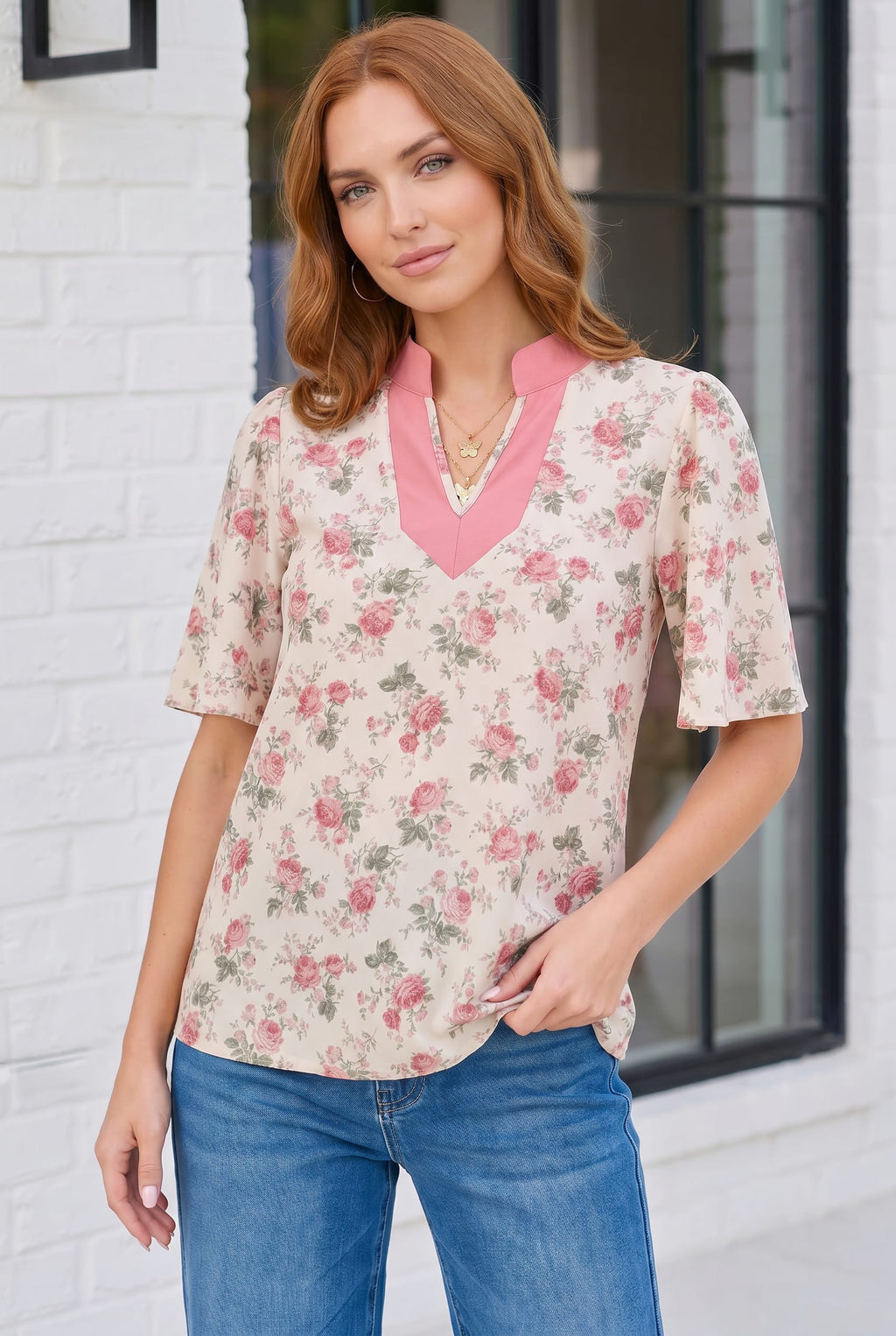 Rosy Garden Flutter Sleeve Blouse