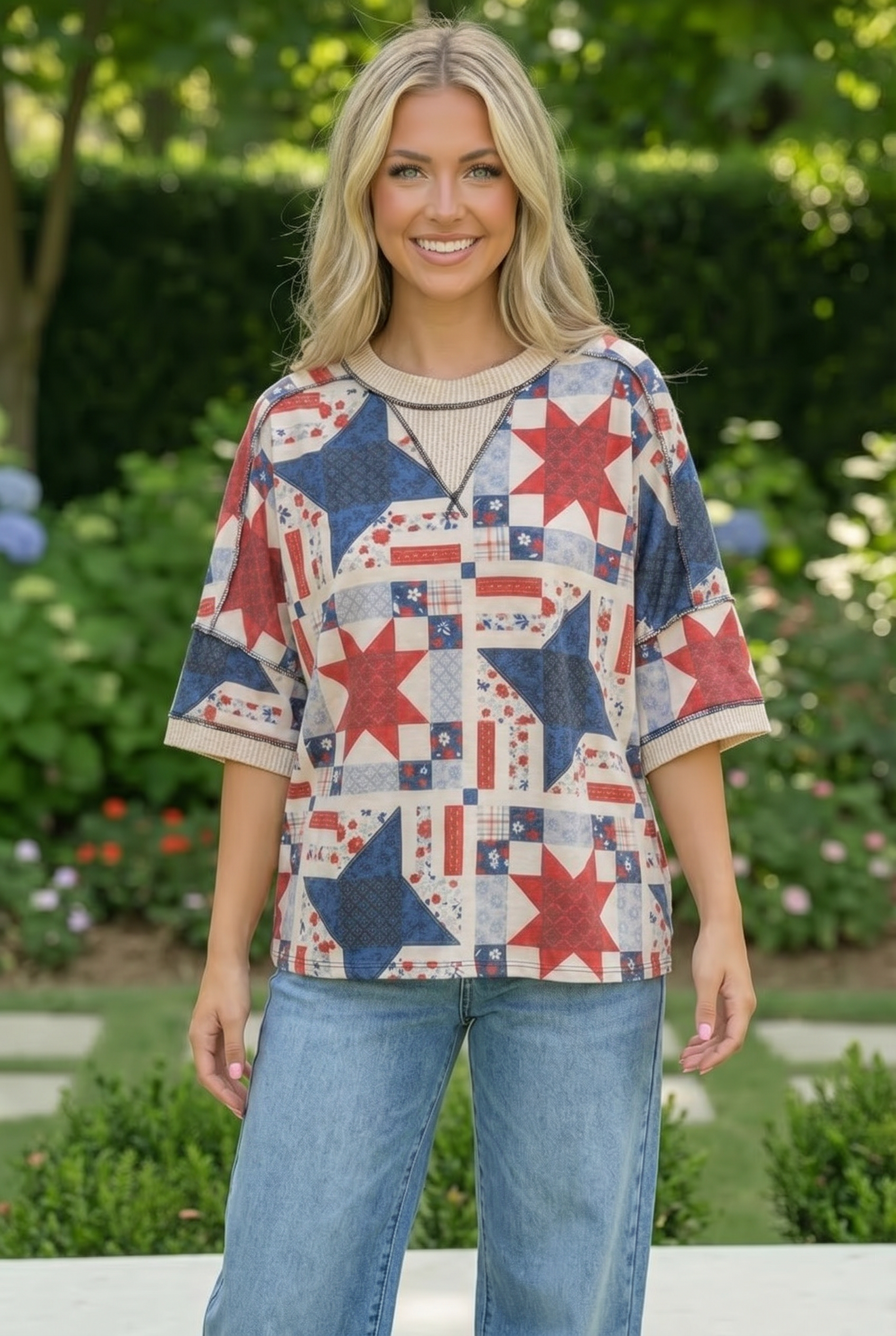 Stars and Patches Quilted Print Top