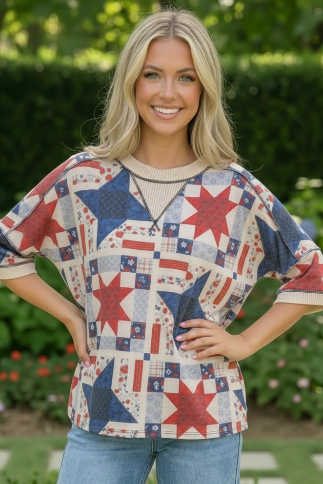 Stars and Patches Quilted Print Top
