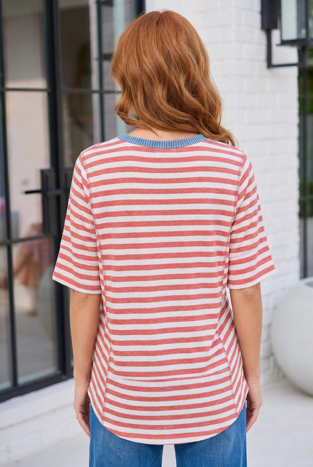 Retro Stripe Oversized Tee with Contrast Ribbed Neck