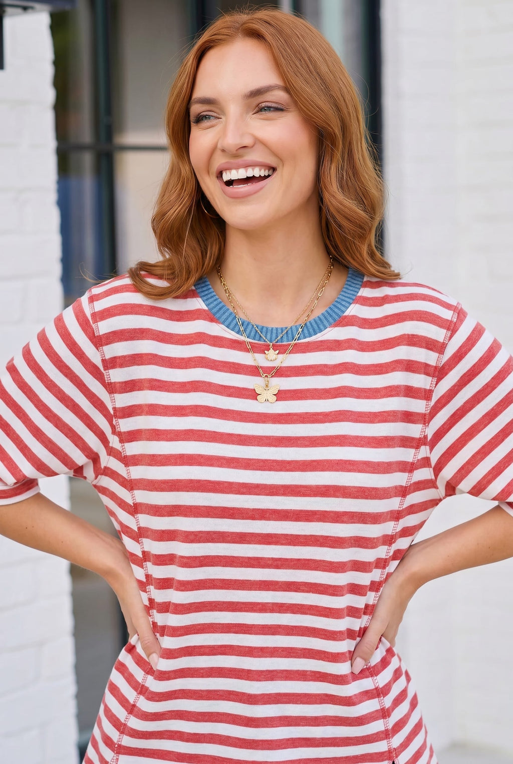 Retro Stripe Oversized Tee with Contrast Ribbed Neck