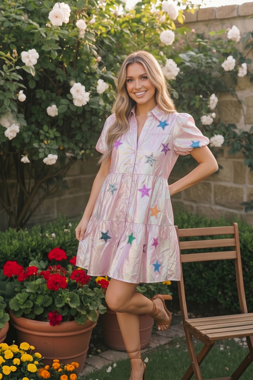 Holographic Pink Star Patch Mini Dress
