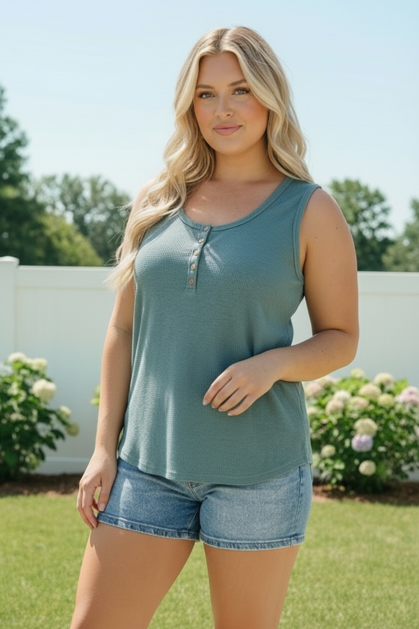 Waffle Knit Henley Tank in Dusty Teal