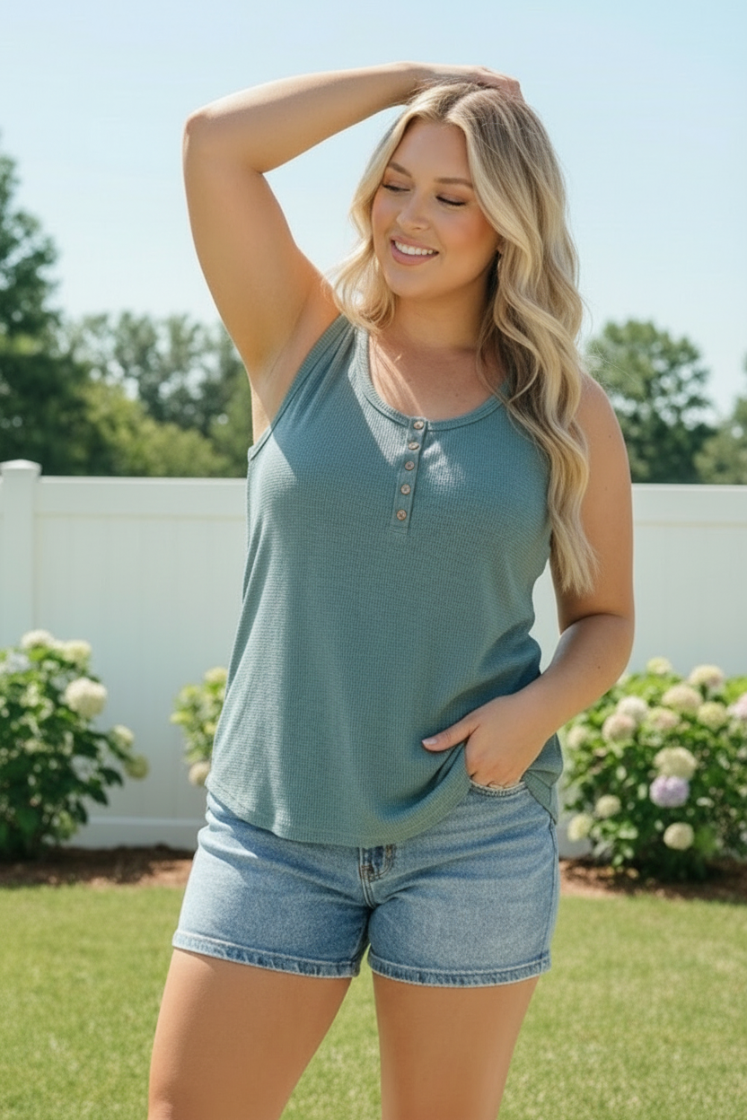 Waffle Knit Henley Tank in Dusty Teal
