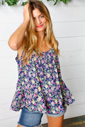 Navy Floral Ruffle Hem Sleeveless Top